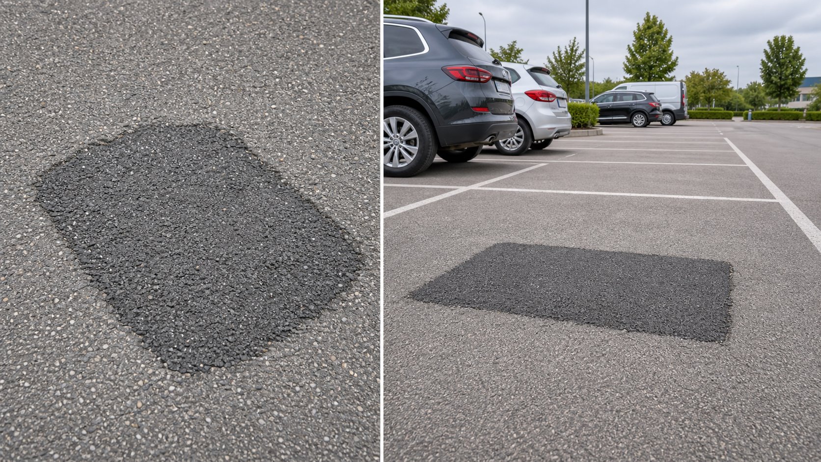 Car park pothole repair close-up and parking lot application view