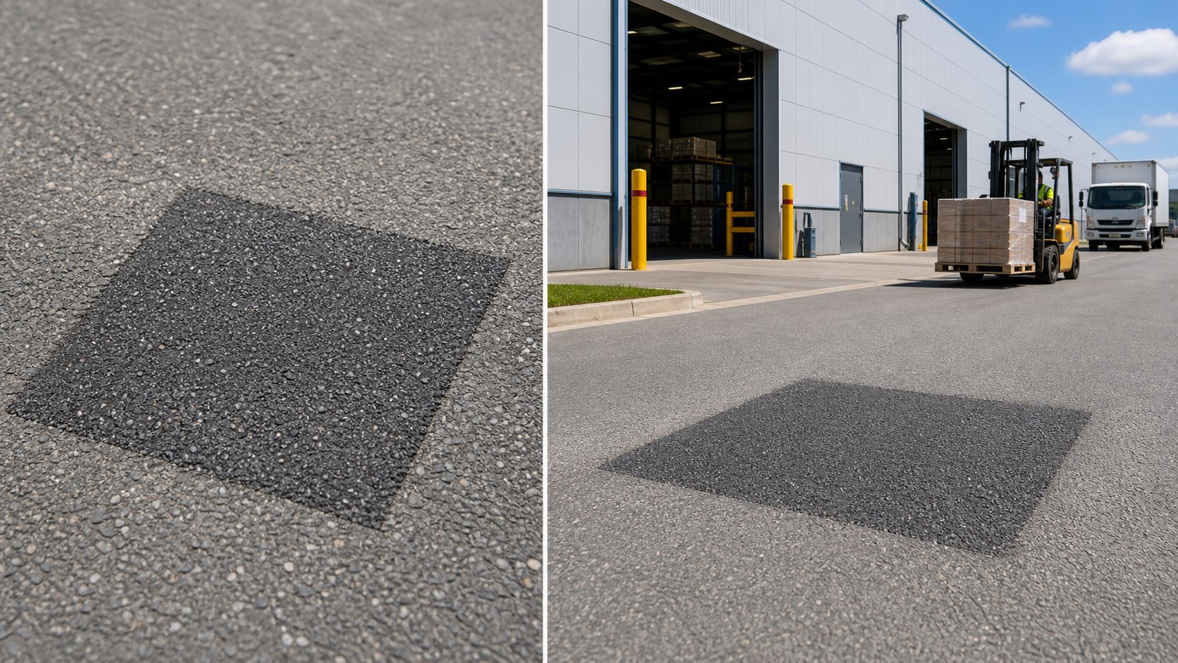Industrial yard repair close-up and warehouse access road application view