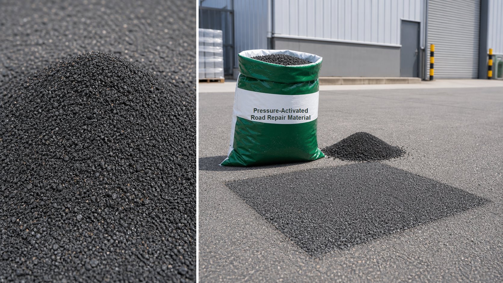 Cold patch asphalt repair material product close-up and field test area