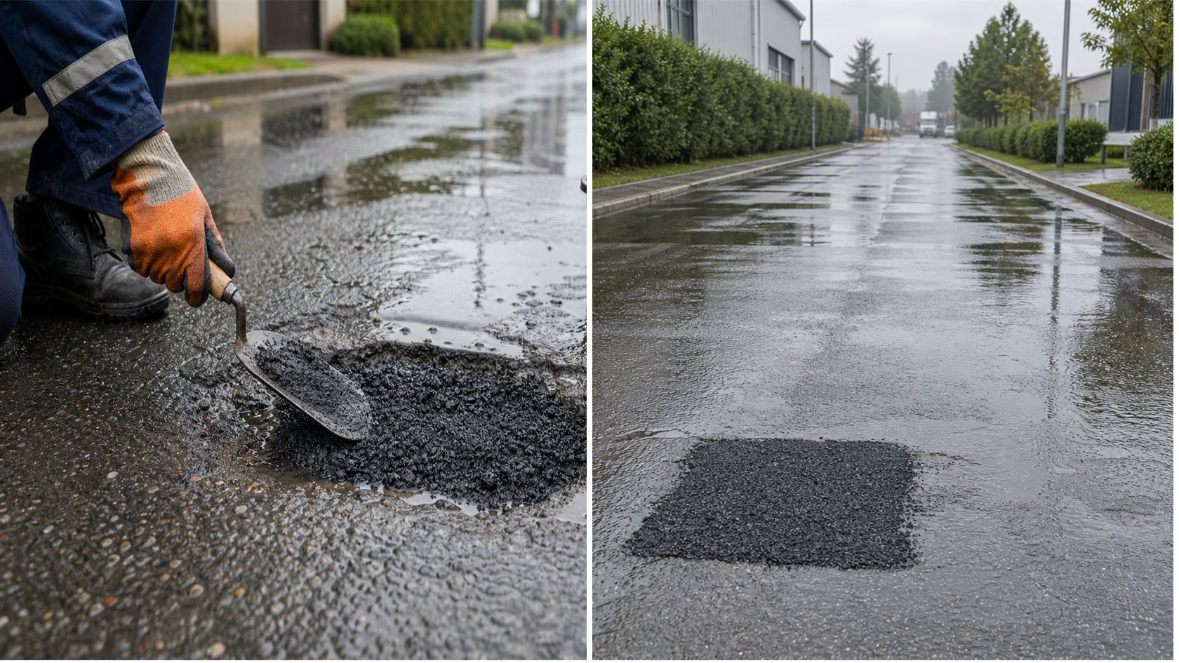 Wet weather pothole repair close-up and rainy service road application view