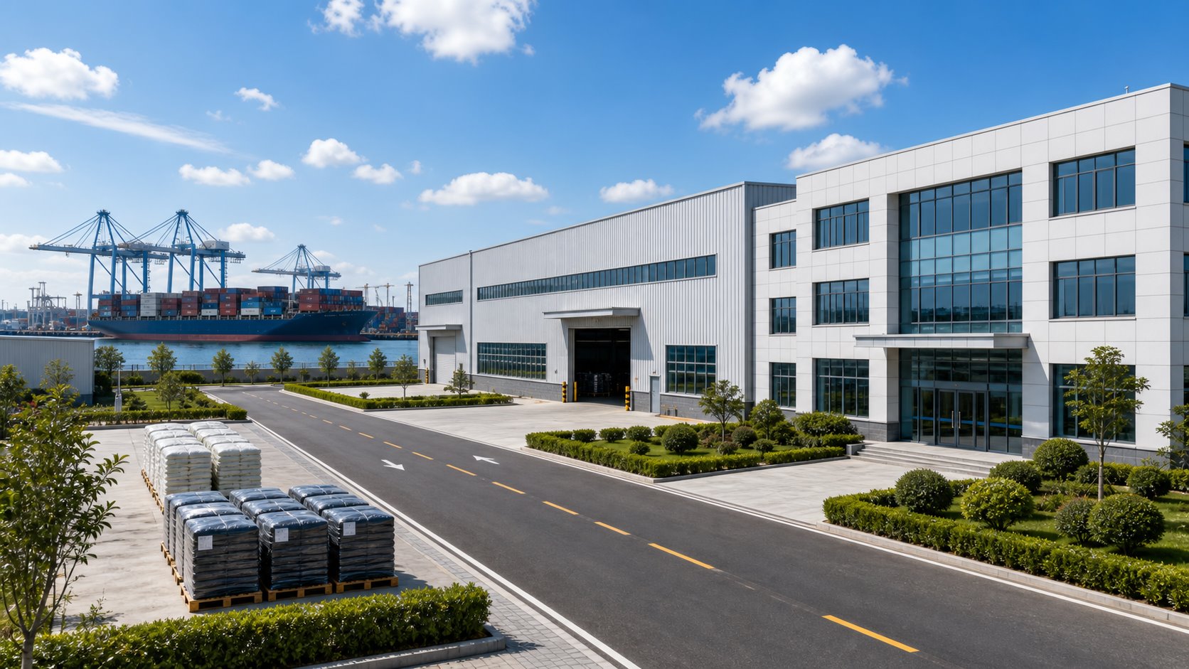 Modern factory campus with office building, clean internal road, packed shipment pallets and nearby container port logistics